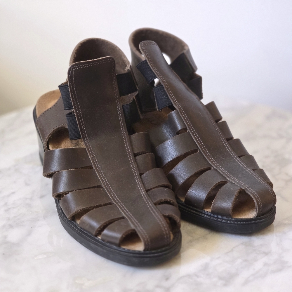 NAOT Brown Leather 2" Heel Sandals US 5 EUR 36 EUC